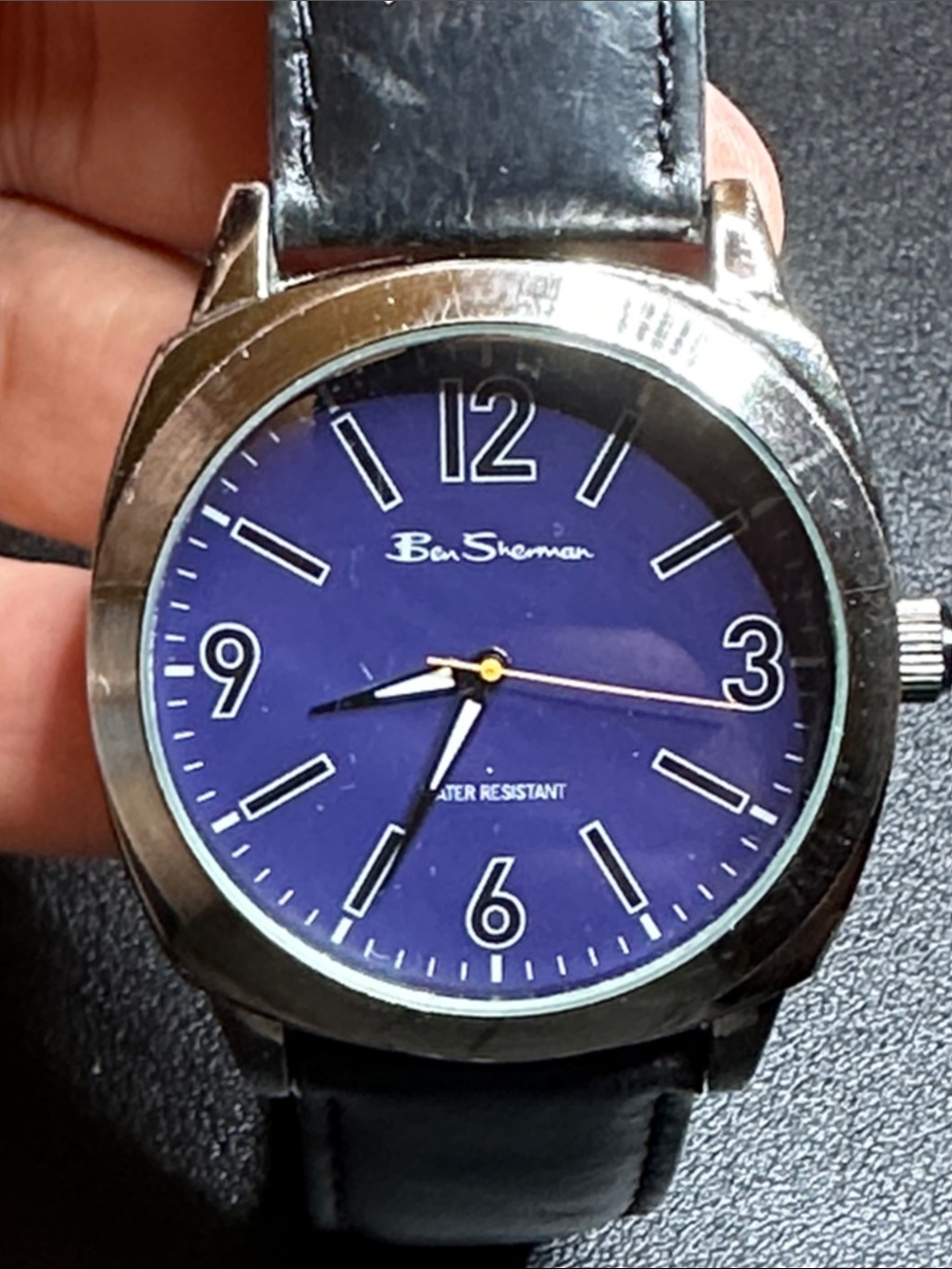Ben Sherman Blue Dial Silver-Tone Quartz Watch Black Leather Strap New Battery